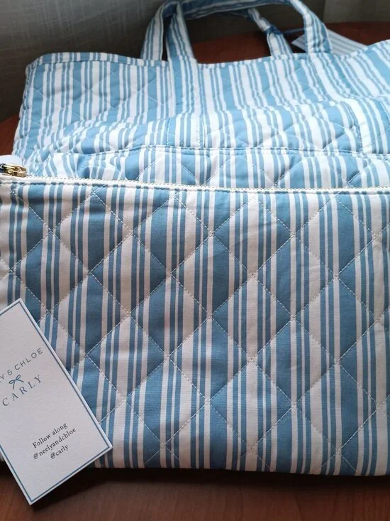 NWT Neely & Chloe Sky Blue & White Striped Cotton Tote with Insert Clutch - Picture 9 of 13